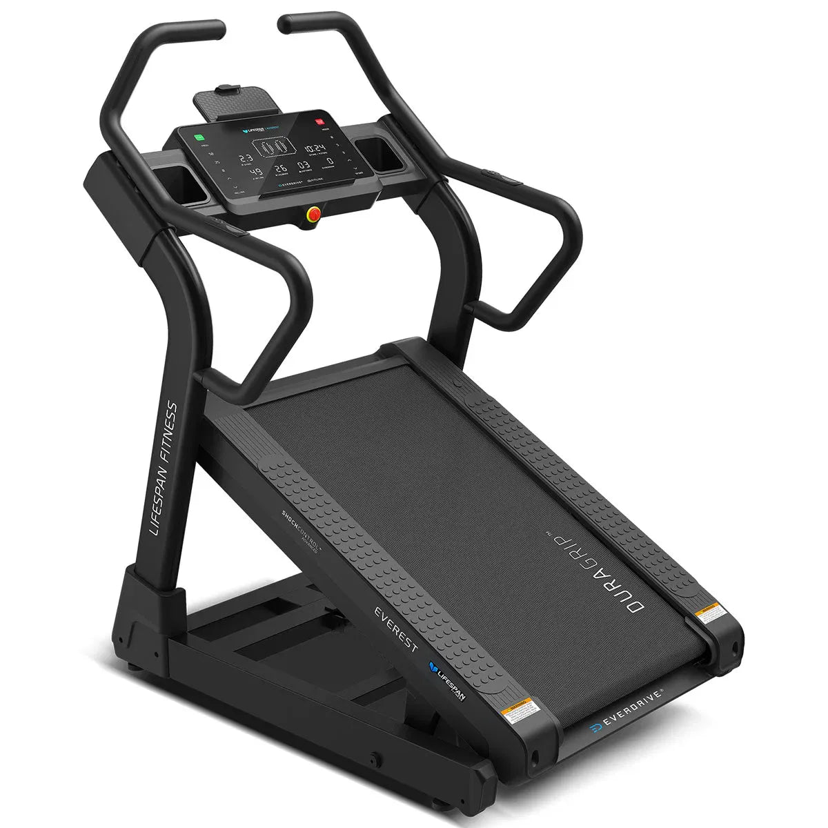 Lifespan Everest 3 treadmill three-quarter view with black frame, LED console and padded handles