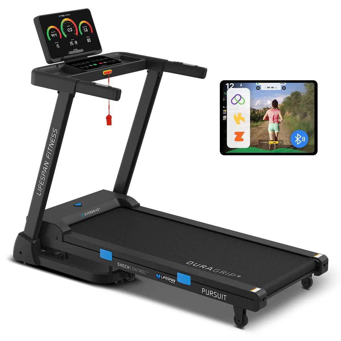 Lifespan Pursuit 4 treadmill three-quarter view with black frame, LED console and padded handles