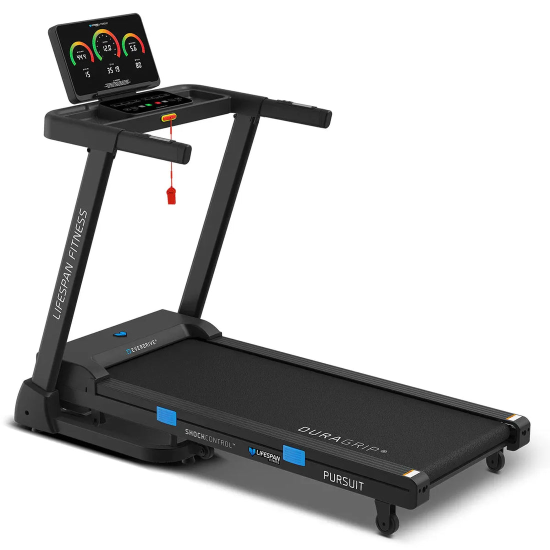 Lifespan Pursuit 4 treadmill three-quarter view with black frame, LED console and padded handles