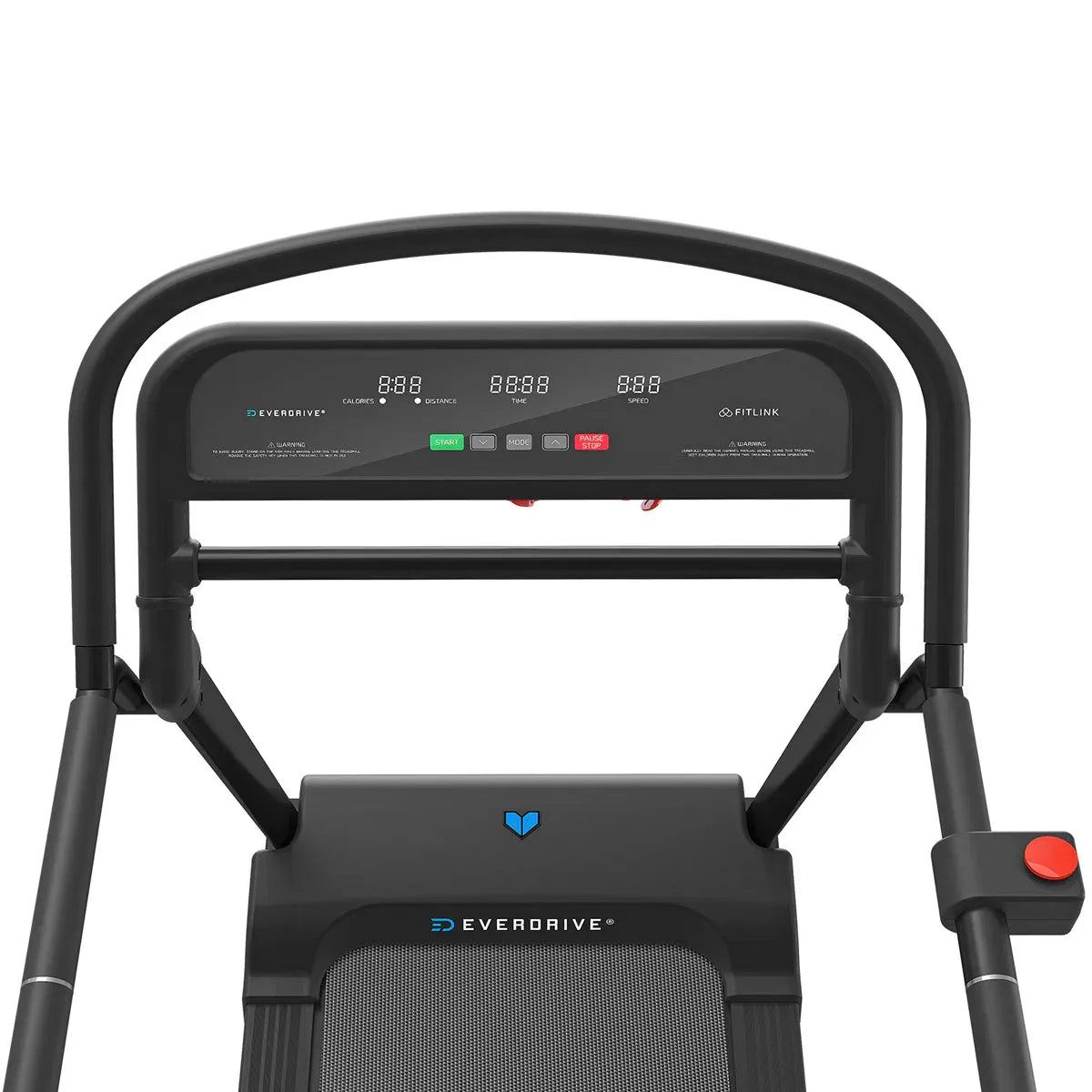 Reformer 2 front view showing running belt, extended handles, console and frame structure
