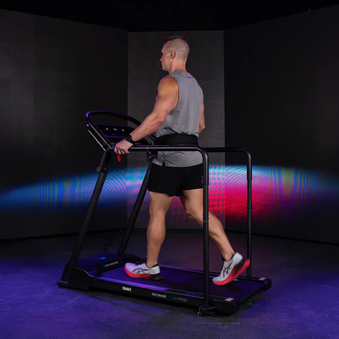 Lifespan Reformer 2 rehabilitation treadmill with black frame, extended handles and LED console