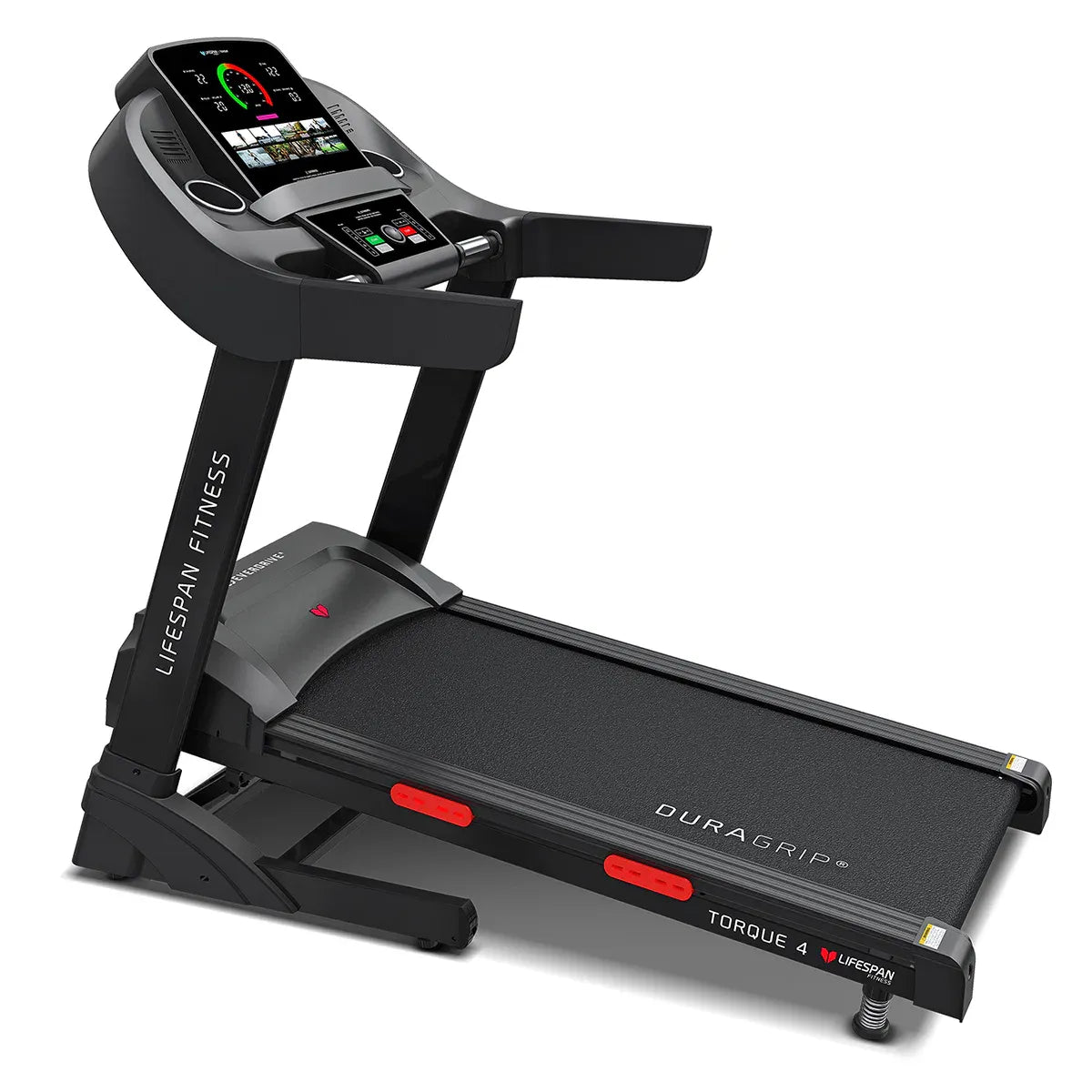 Torque 4 treadmill three-quarter view with digital MaxVue console mounted on frame