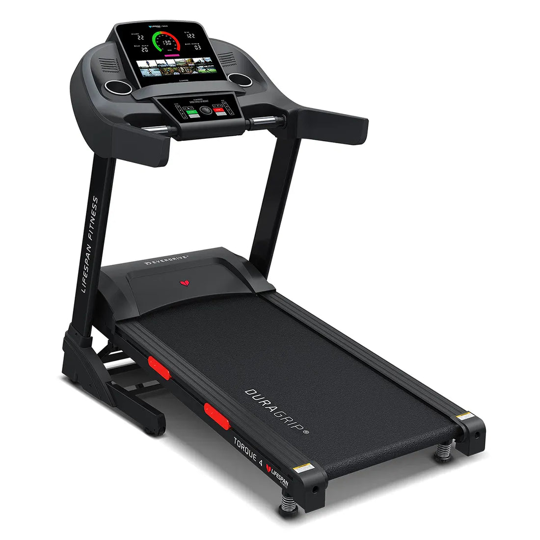 Lifespan Torque 4 treadmill three-quarter view with black frame, MaxVue console and padded handles