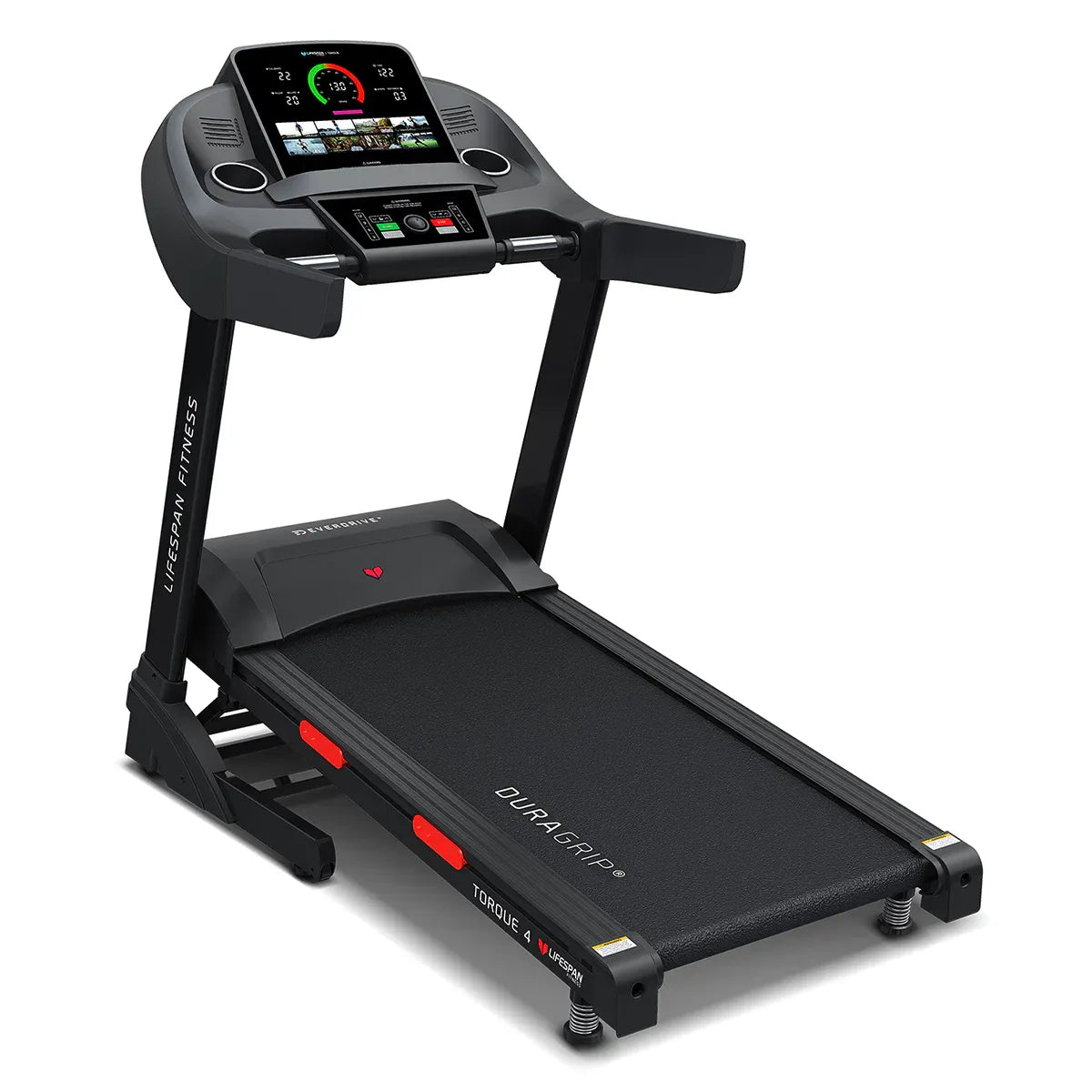 Torque 4 treadmill front-angled view showing MaxVue LED display and DuraGrip running belt