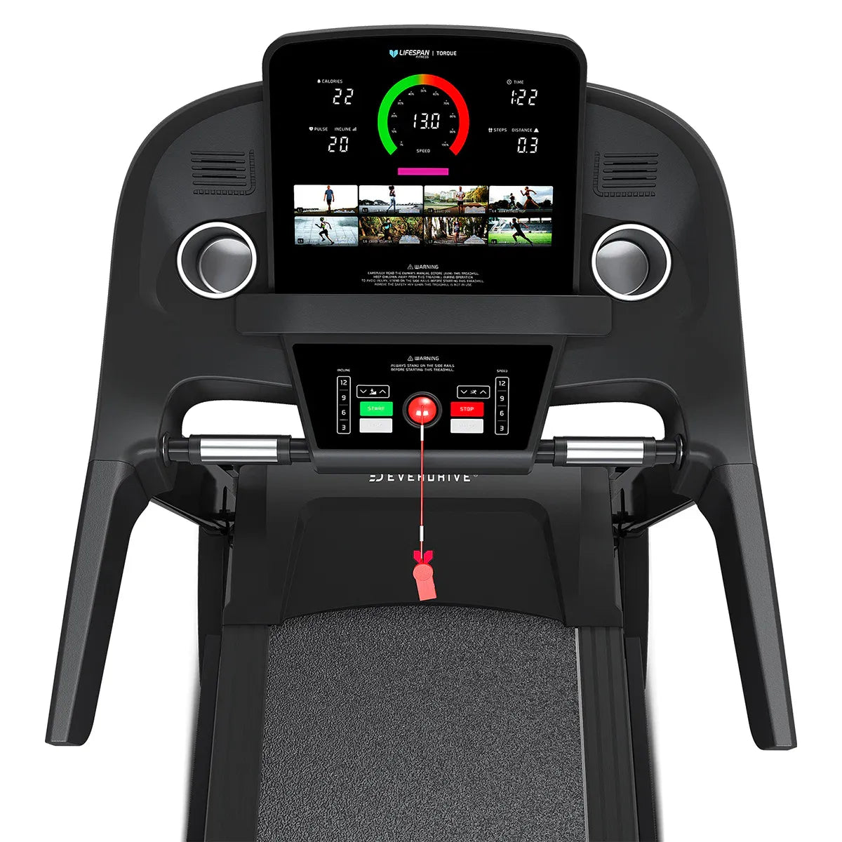Side profile view of Torque 4 treadmill frame with console and handrails