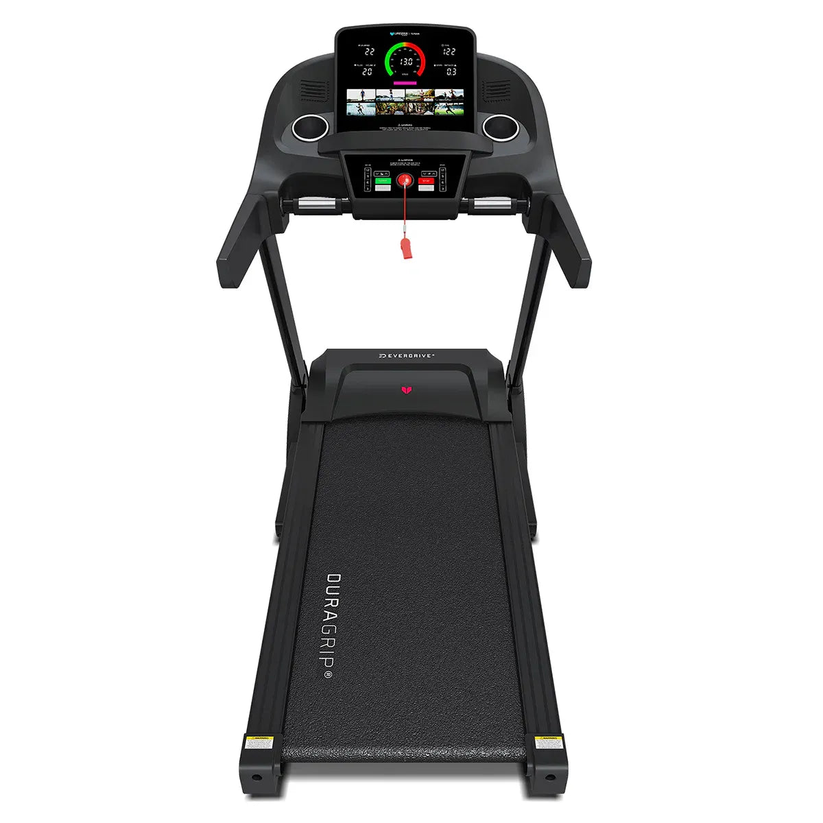 Overhead view of Torque 4 treadmill running deck with DuraGrip surface and width markers