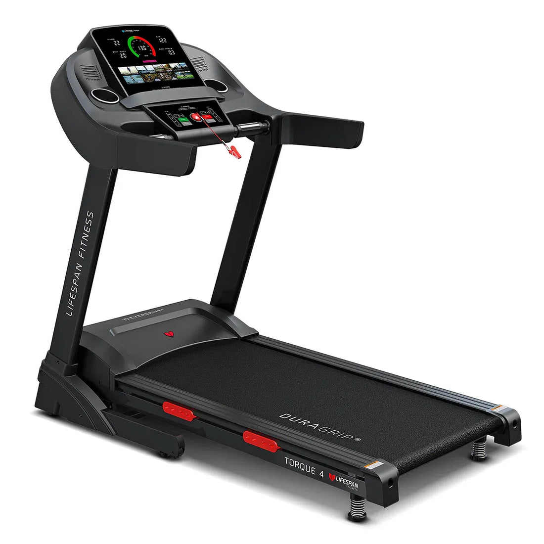 Lifespan Torque 4 treadmill three-quarter view with black frame, MaxVue console and padded handles