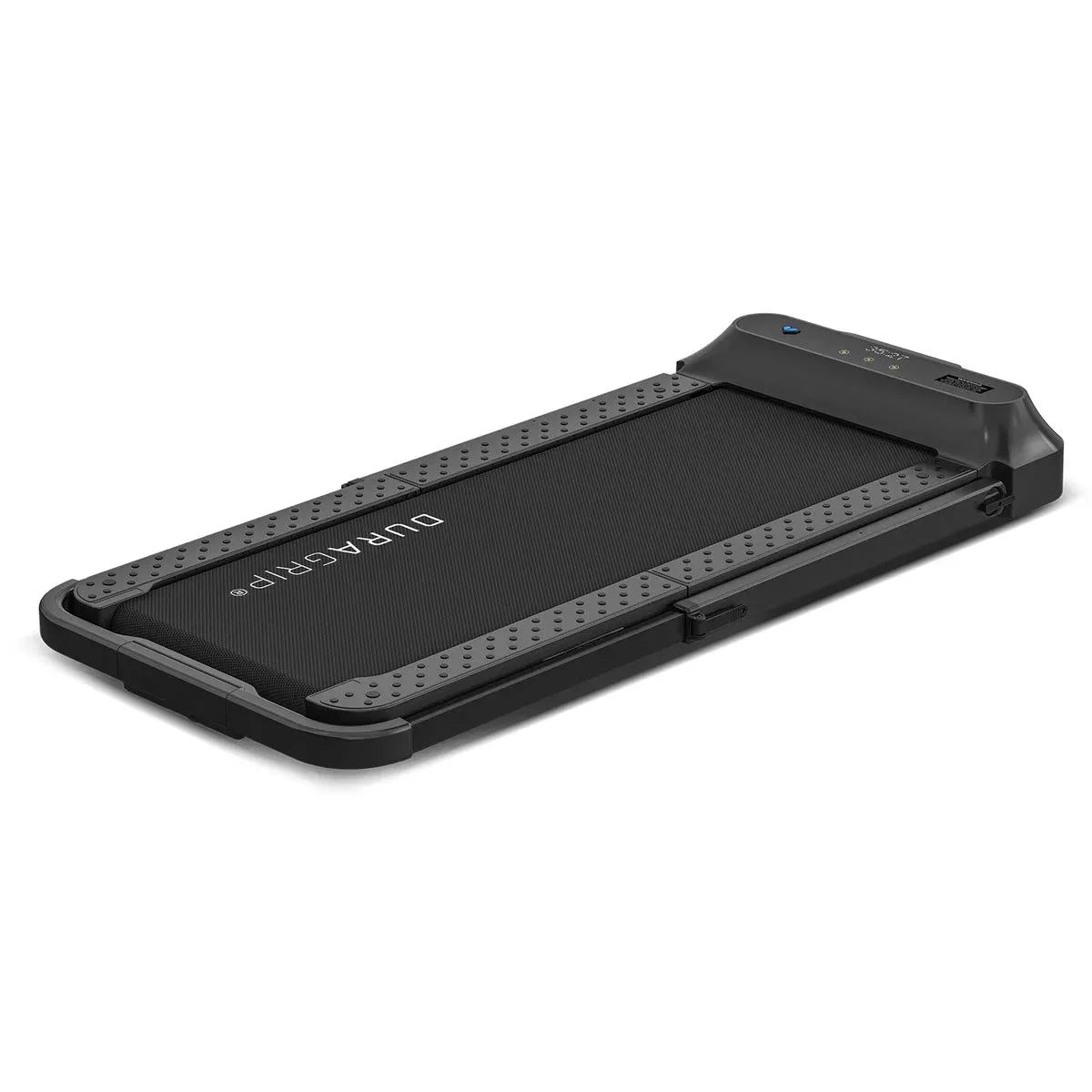 V-FOLD treadmill with ErgoDesk front view showing flat platform and DuraGrip surface