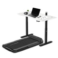 Lifespan V-FOLD treadmill with ErgoDesk standing desk showing laptop setup on white surface