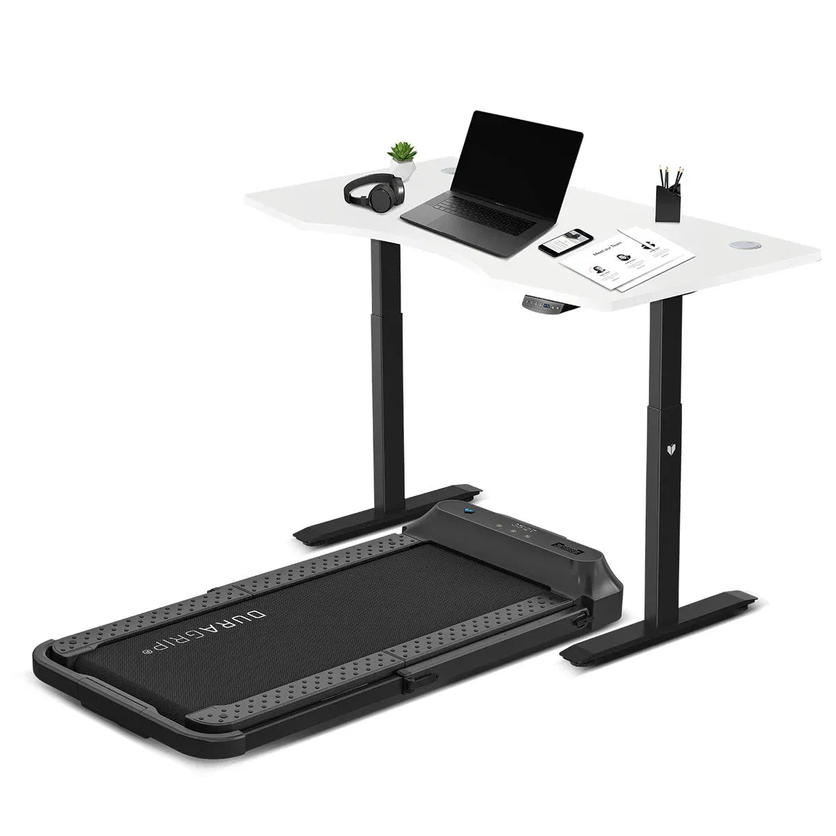 Lifespan V-FOLD treadmill with ErgoDesk standing desk showing laptop setup on white surface