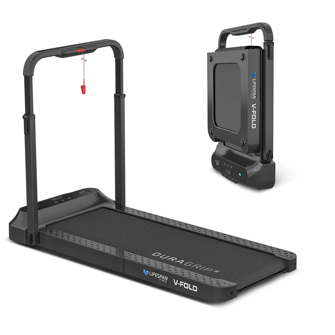 Lifespan V-FOLD Slim treadmill extended running position and folded storage position with remote
