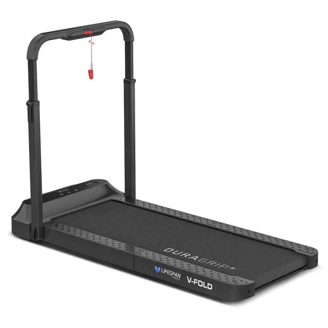 Lifespan V-FOLD Slim treadmill extended running position and folded storage position with remote