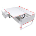 White lift-top coffee table dimension diagram showing 100cm wide, 65cm deep, 20cm tall with storage compartment measurements