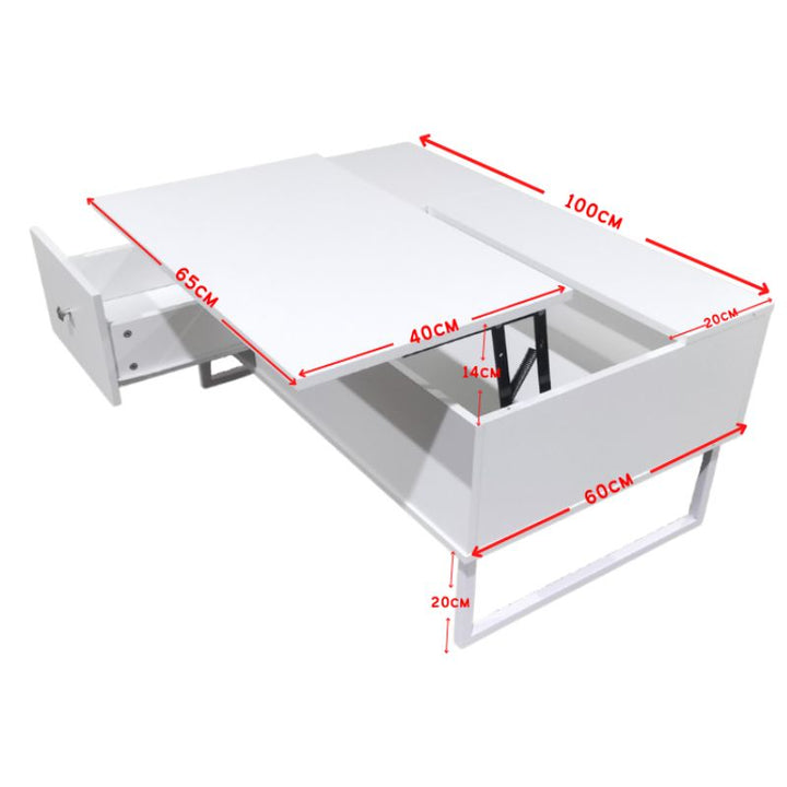 White lift-top coffee table dimension diagram showing 100cm wide, 65cm deep, 20cm tall with storage compartment measurements