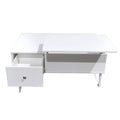 White lift-top coffee table with front drawer open showing interior and chrome knob, side panel raised, white background