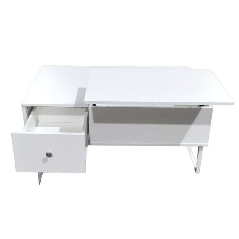 White lift-top coffee table with front drawer open showing interior and chrome knob, side panel raised, white background