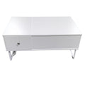 White lift-top coffee table in closed position with front drawer, chrome knob and chrome sled legs, white background
