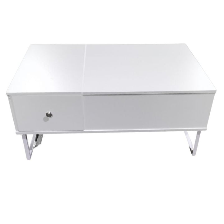 White lift-top coffee table in closed position with front drawer, chrome knob and chrome sled legs, white background