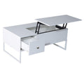 White lift-top coffee table with top panel raised showing storage compartment and front drawer pulled out, white background