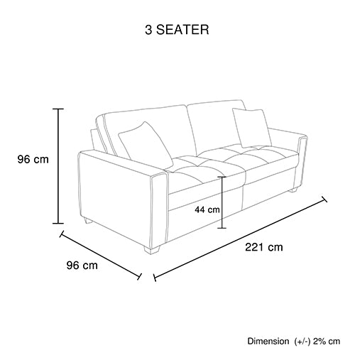 3 seater sofa dimension diagram showing 221cm width 96cm depth 96cm height and 44cm seat height