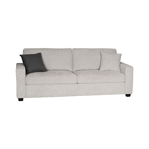 Light grey 3-seater sofa with one dark charcoal scatter cushion on white background front view