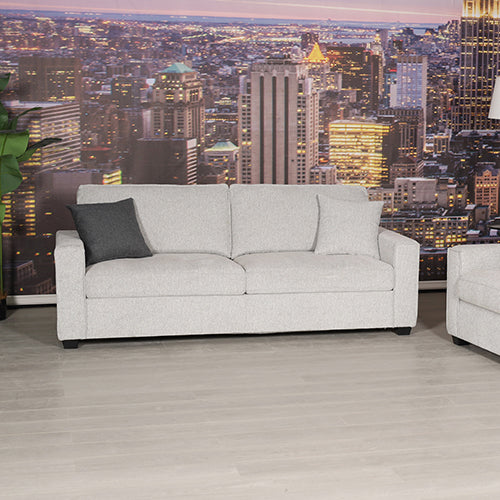 Light grey 3-seater sofa with one dark scatter cushion in living room with plant and coffee table