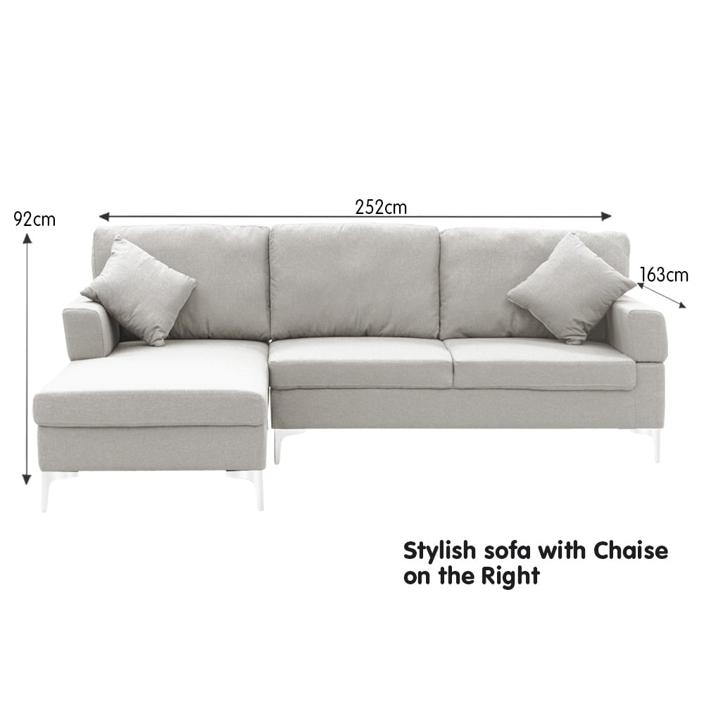 Light grey corner sofa dimensions diagram 252cm wide 92cm high 163cm deep with chaise label