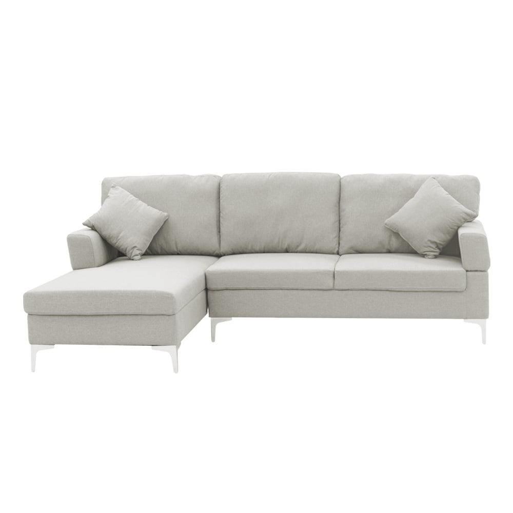 Light off-white grey faux linen L-shape corner sofa chrome legs two scatter cushions white background