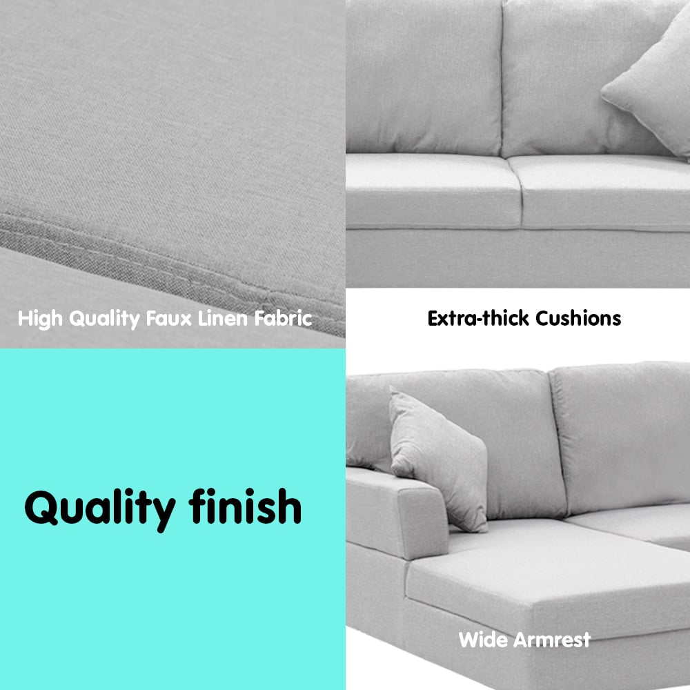 Light grey corner sofa features collage showing faux linen fabric extra-thick cushions and wide armrest