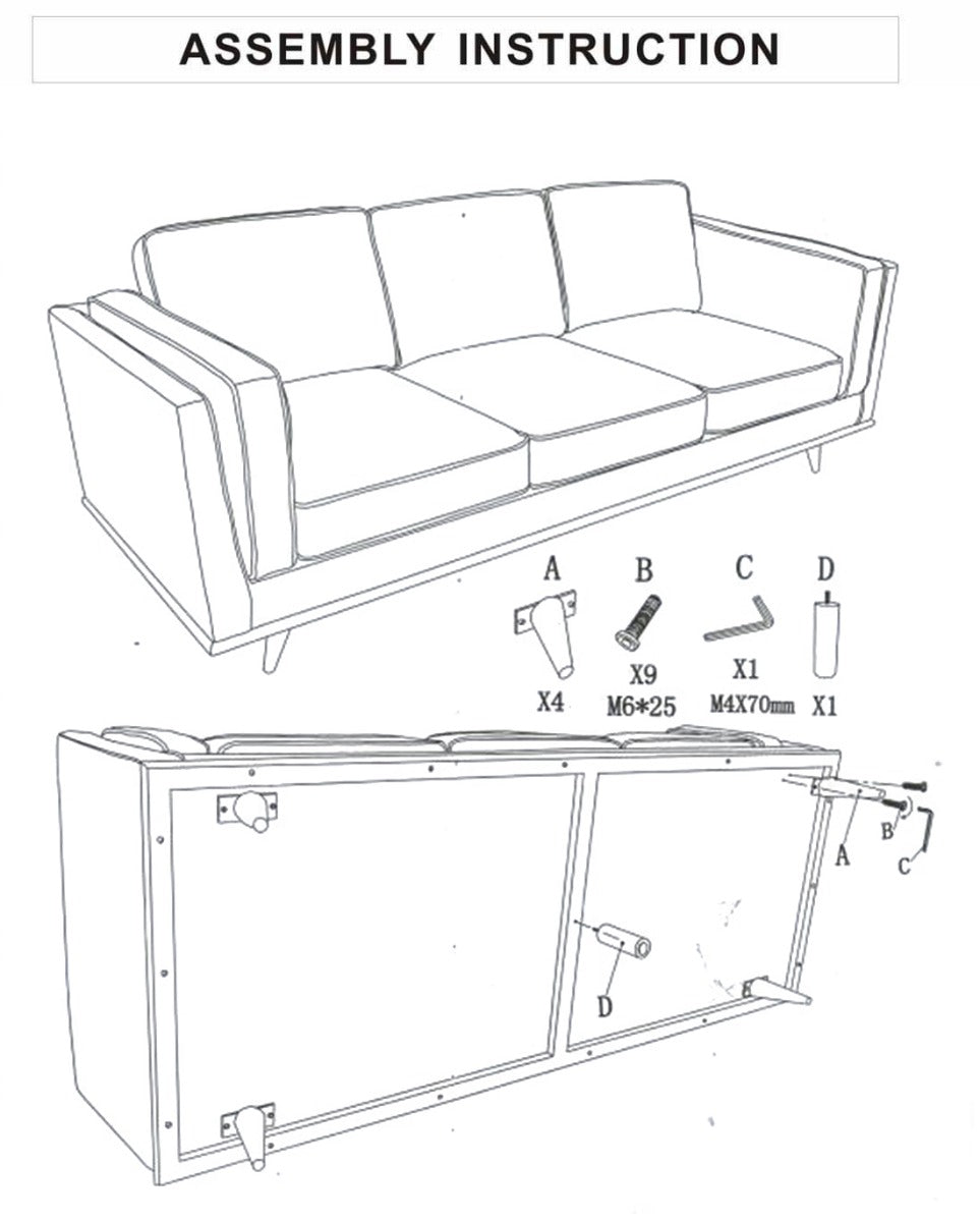 Assembly instruction diagram for light grey 3-seater sofa showing step-by-step build