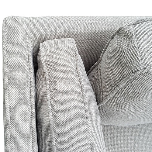 Light grey fabric 3-seater sofa close-up of backrest and arm junction from above showing seam detail
