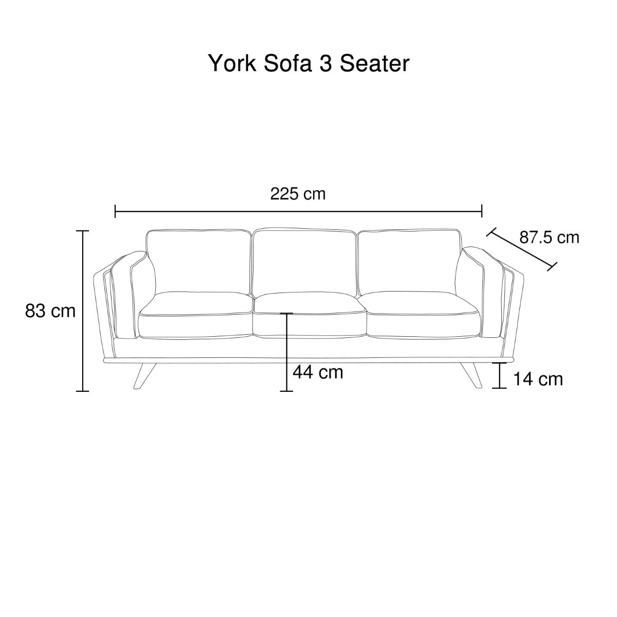 York Sofa 3 Seater dimension diagram 225cm width 87.5cm depth 83cm height