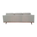 Light grey fabric 3-seater sofa rear view showing plain back panel and wooden base rail from behind