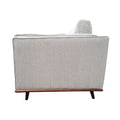 Light grey fabric 3-seater sofa side profile view showing seat depth and wooden base rail and leg