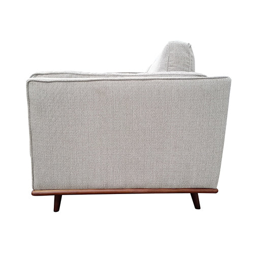 Light grey fabric 3-seater sofa side profile view showing seat depth and wooden base rail and leg