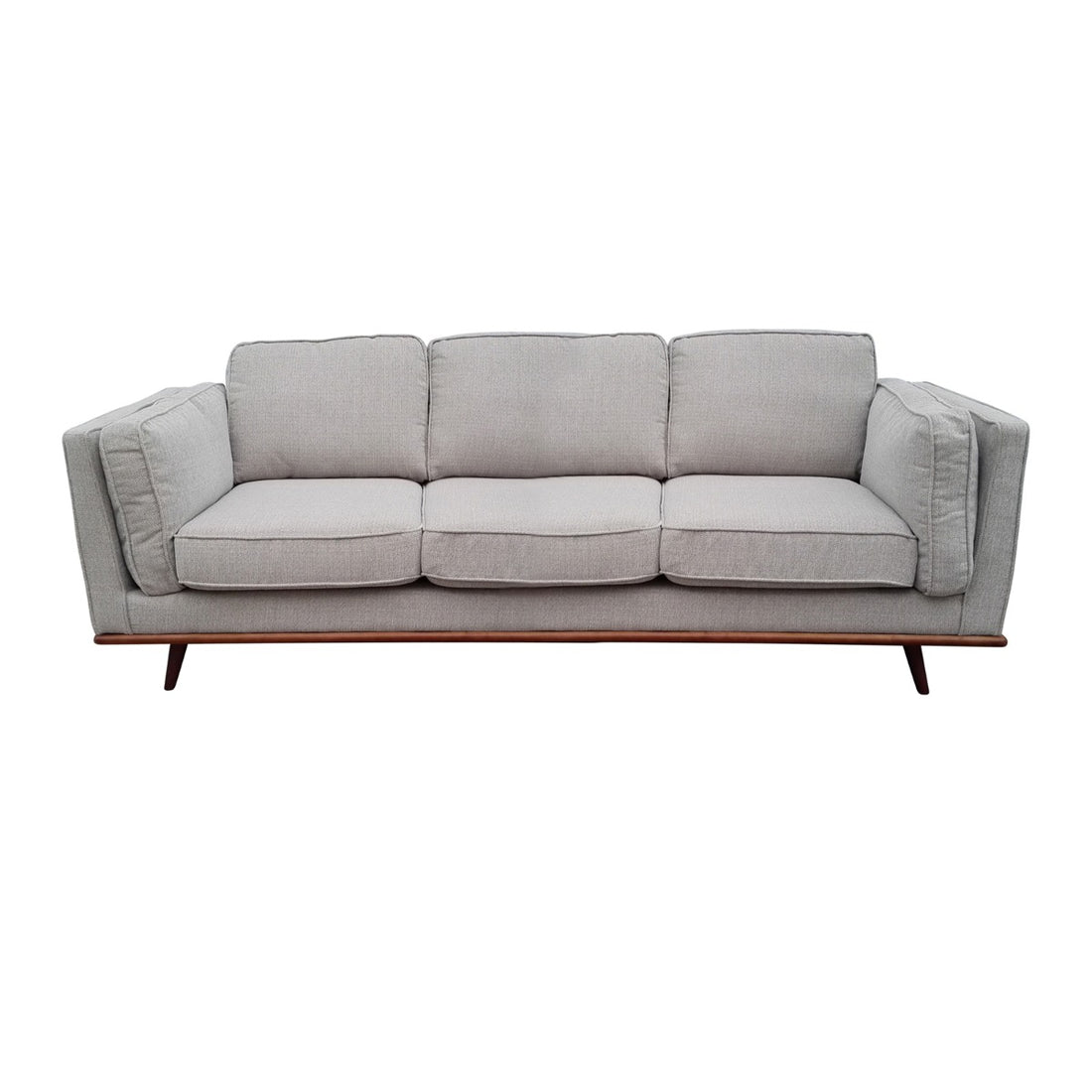 Light grey fabric 3-seater sofa front view on white background with wooden base rail and tapered legs