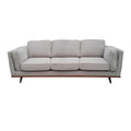 Light grey fabric 3-seater sofa front view on white background with wooden base rail and tapered legs