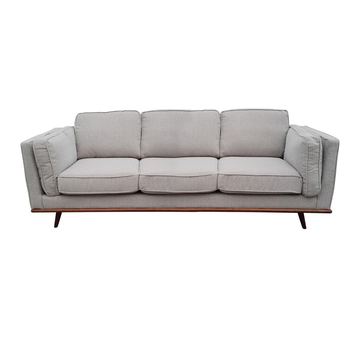 Light grey fabric 3-seater sofa front view on white background with wooden base rail and tapered legs
