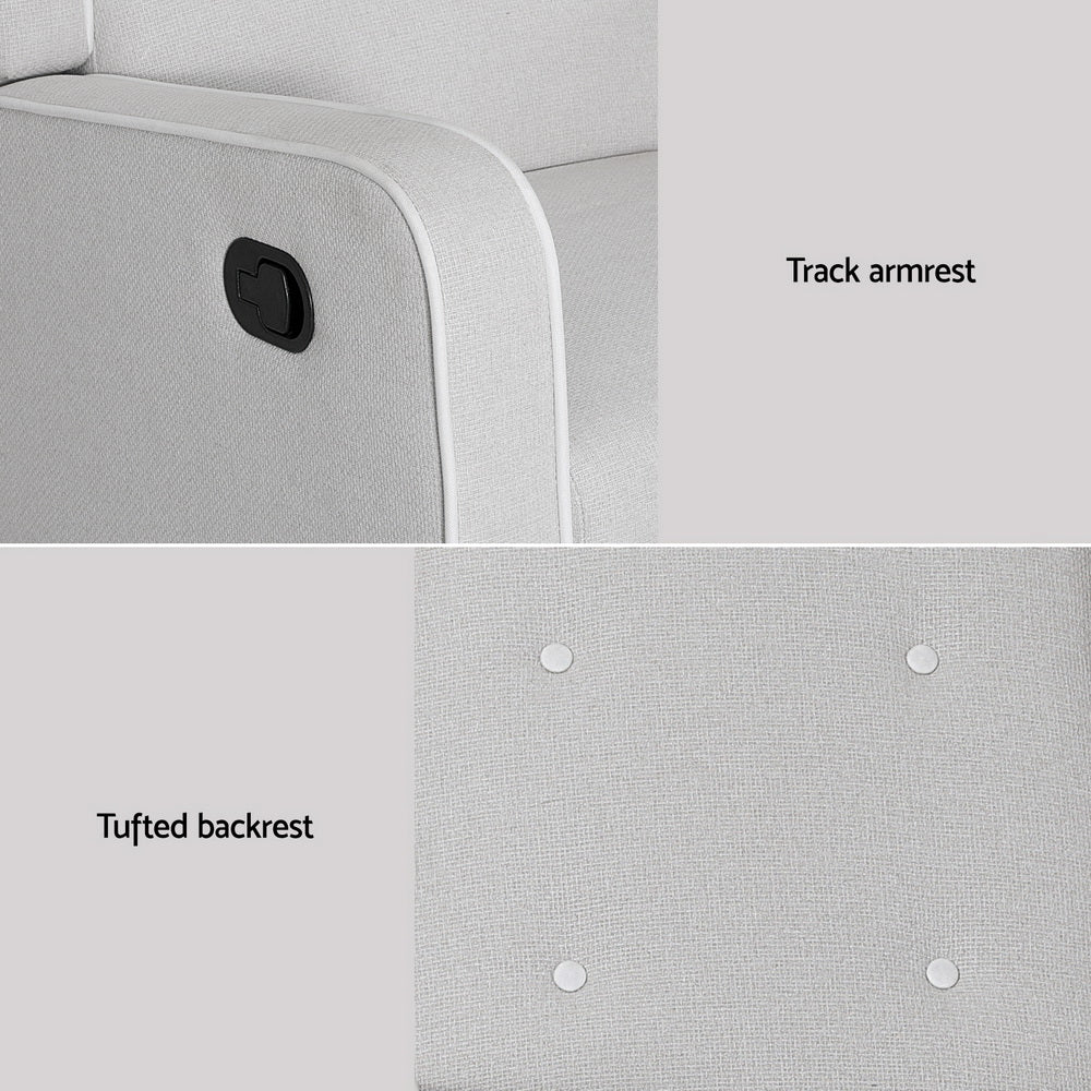 Light grey fabric recliner two-panel: armrest with black square lever labelled "Track armrest", tufted backrest close-up