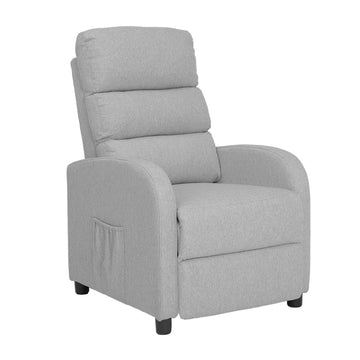 Light grey fabric recliner with segmented padded backrest, rounded armrests and side pocket, angle view
