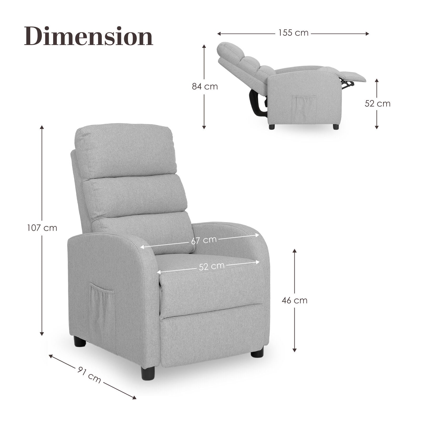 Light grey fabric recliner dimension diagram: upright 107cm tall 91cm deep 67cm wide; reclined 155cm long