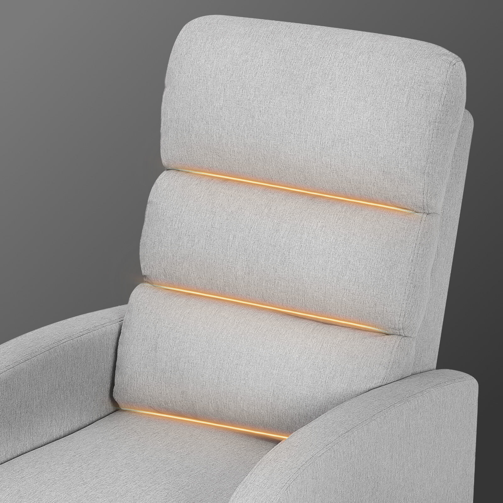 Light grey fabric recliner backrest with two amber glowing massage stripe indicators along horizontal seams, grey background