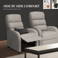 Two light grey fabric recliners side by side: one with footrest extended and dark cushion, one upright, in living room