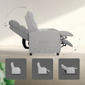 Light grey fabric recliner side view with 110° and 140° recline angles, side pocket visible, three position thumbnails