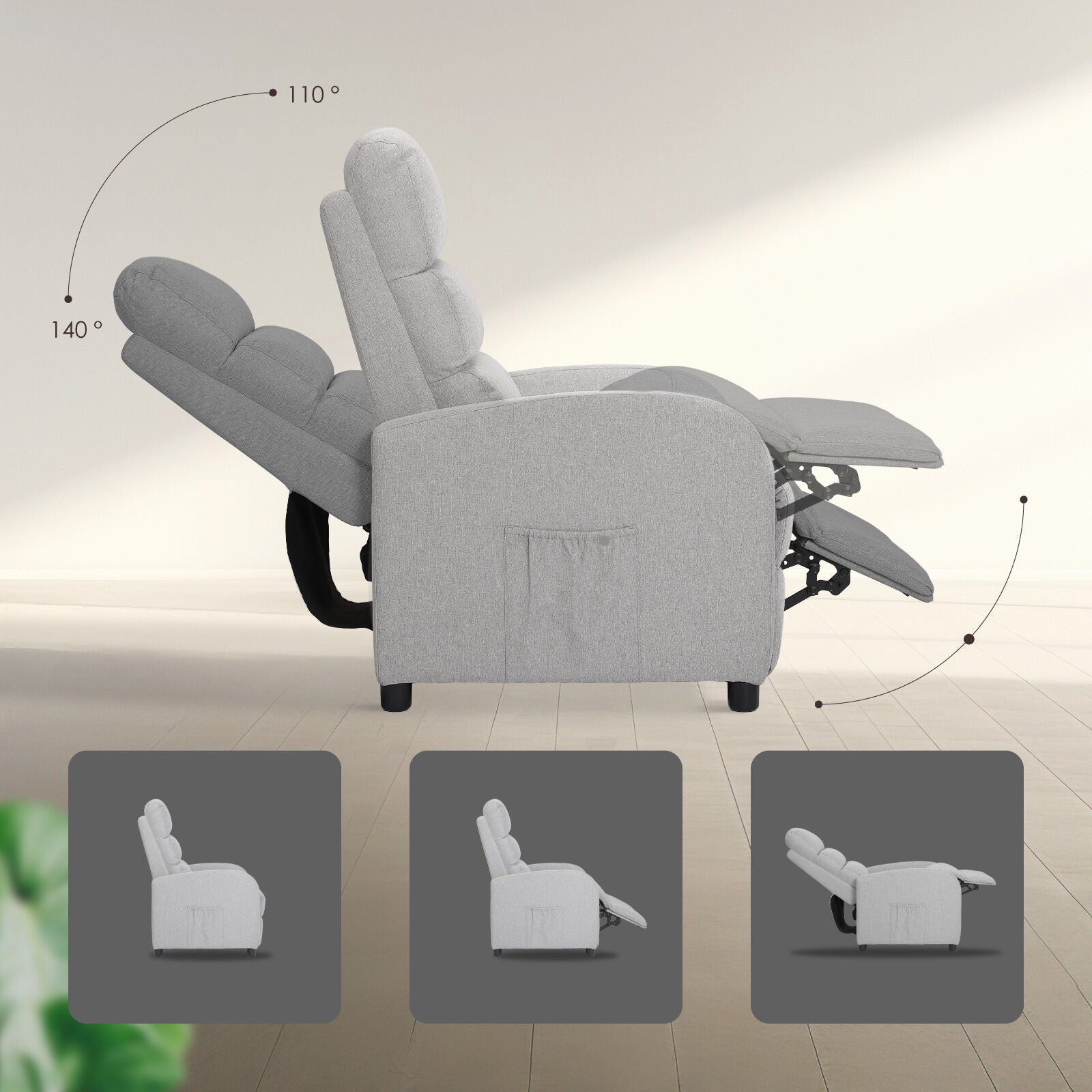Light grey fabric recliner side view with 110° and 140° recline angles, side pocket visible, three position thumbnails