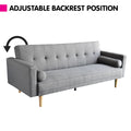 Light grey fabric sofa bed with adjustable backrest position infographic and rotation arrow
