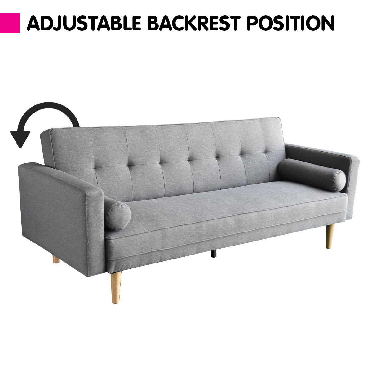 Light grey fabric sofa bed with adjustable backrest position infographic and rotation arrow