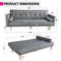 Dimensions diagram for grey linen sofa bed: 188cm wide 83cm tall as sofa, 214cm long when flat as bed