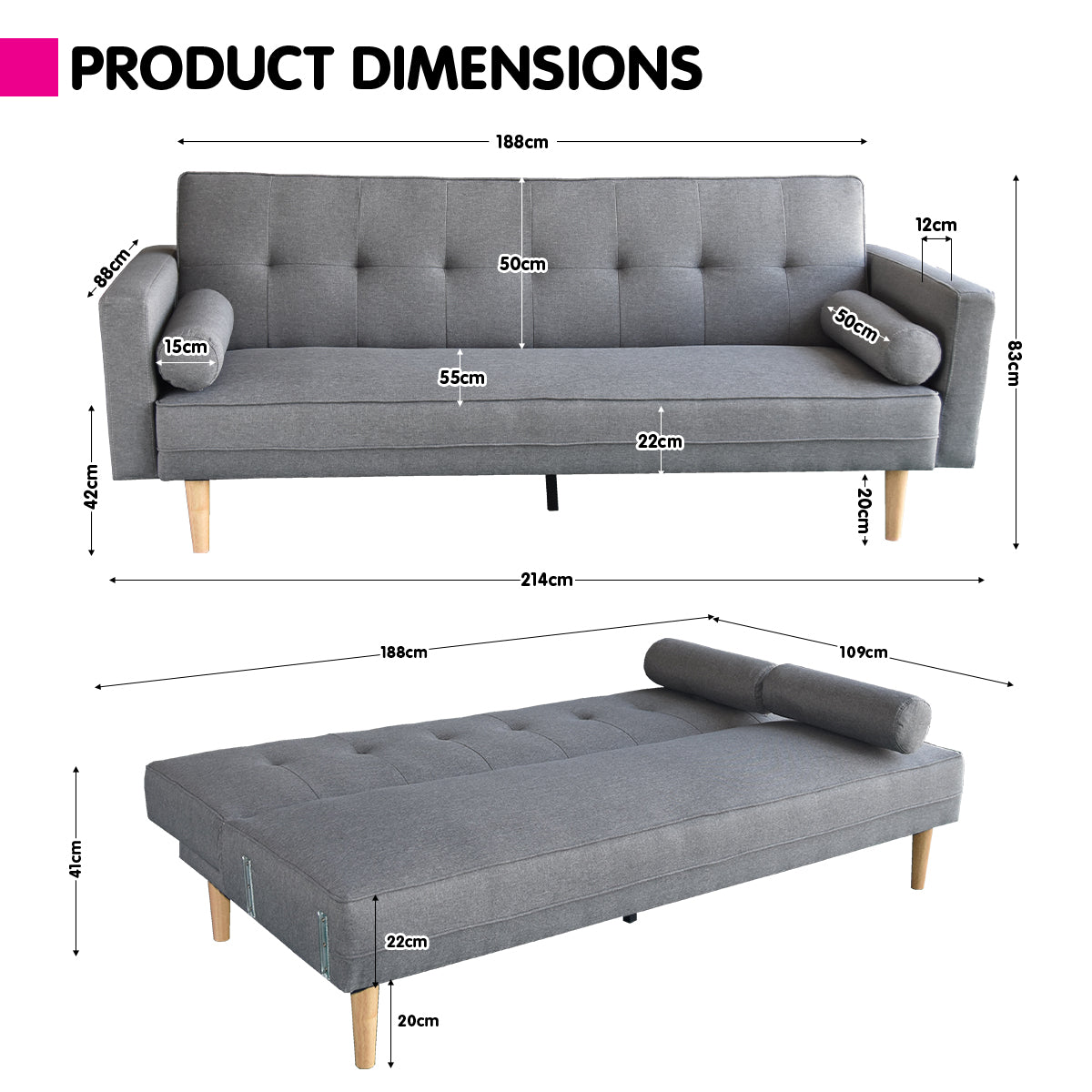 Dimensions diagram for grey linen sofa bed: 188cm wide 83cm tall as sofa, 214cm long when flat as bed
