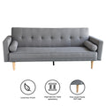 Light grey linen sofa bed front view with icons for luxurious finish, high-density foam and pine wood legs